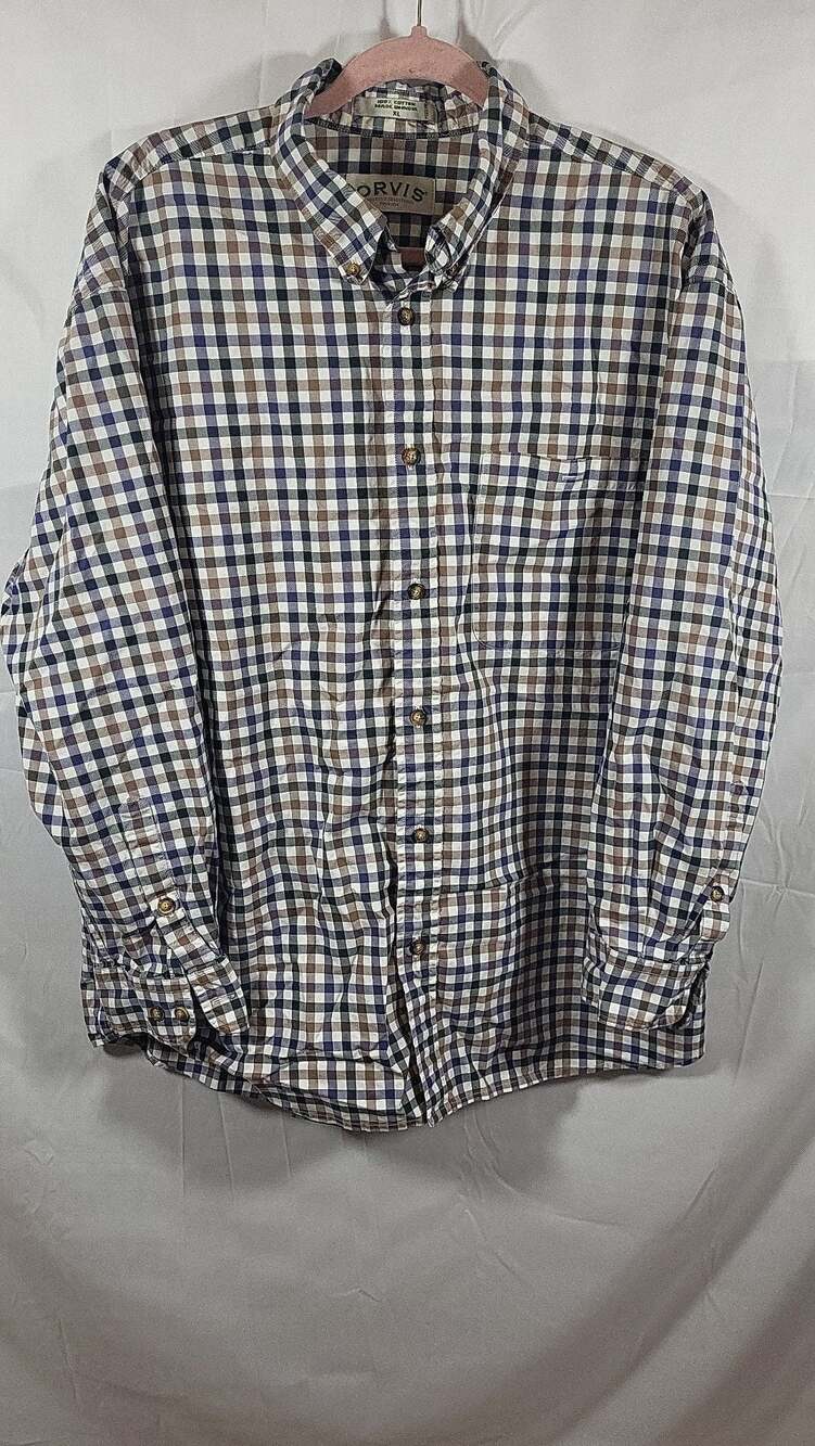Orvis Men's XL Long Sleeve Button Down Plaid Cotton Shirt Navy Brown White Check